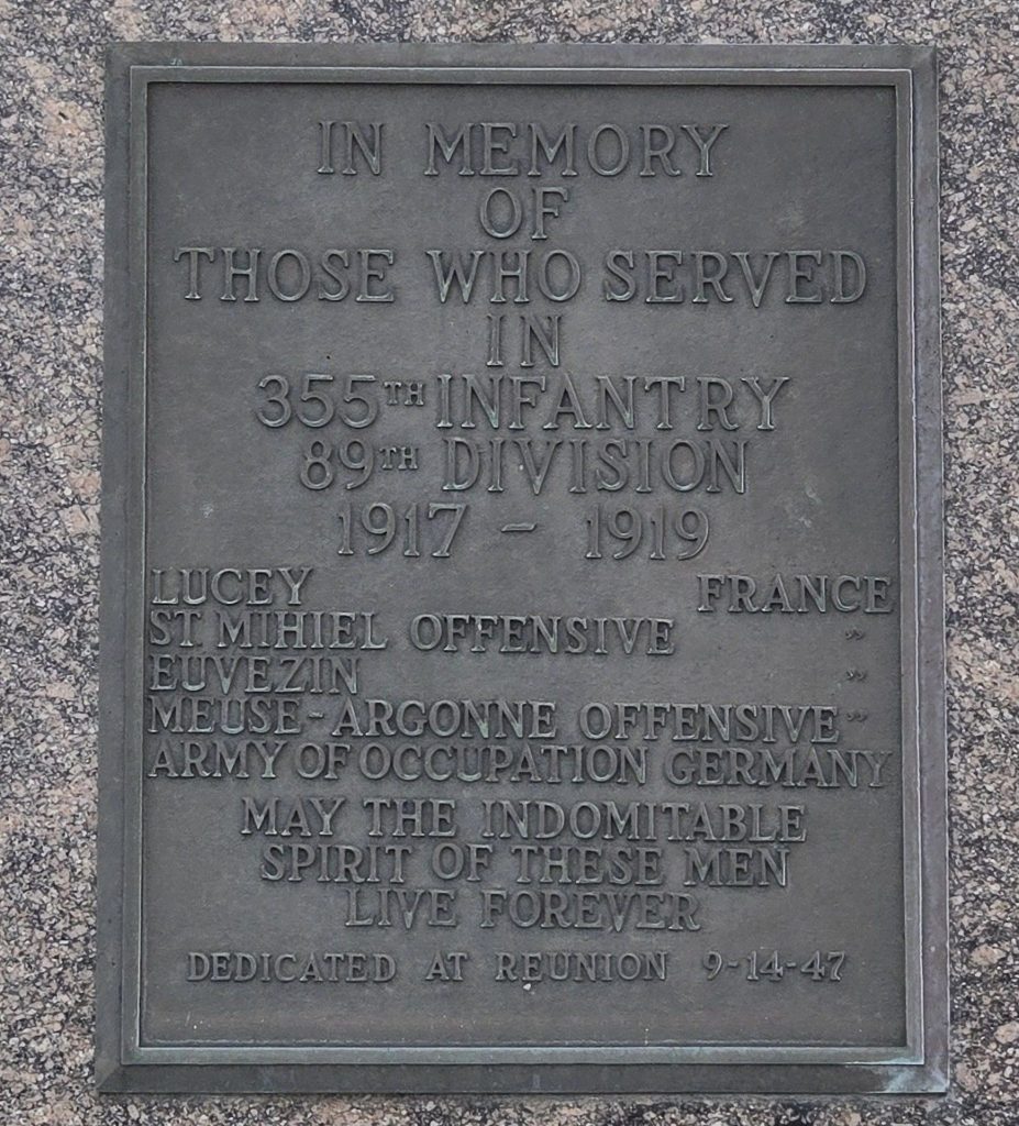 355TH INFANTRY, 89TH DIVISION WAR MEMORIAL PLAQUE