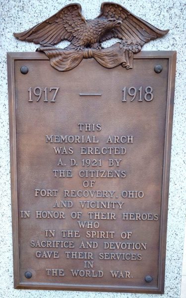 CITIZENS OF FORT RECOVERY WORLD WAR MEMORIAL ARCH PLAQUE A