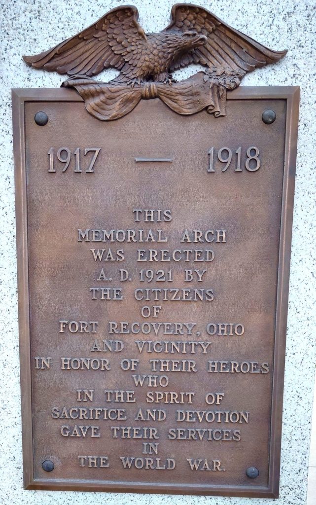 CITIZENS OF FORT RECOVERY WORLD WAR MEMORIAL ARCH PLAQUE A