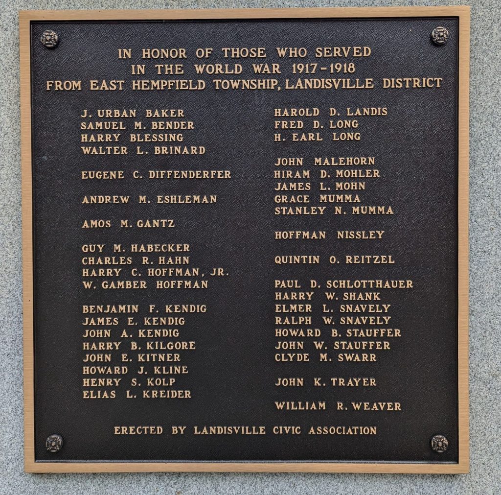 EAST HEMPFIELD TOWNSHIP, LANDISVILLE DISTRICT WORLD WAR MEMORIAL PLAQUE