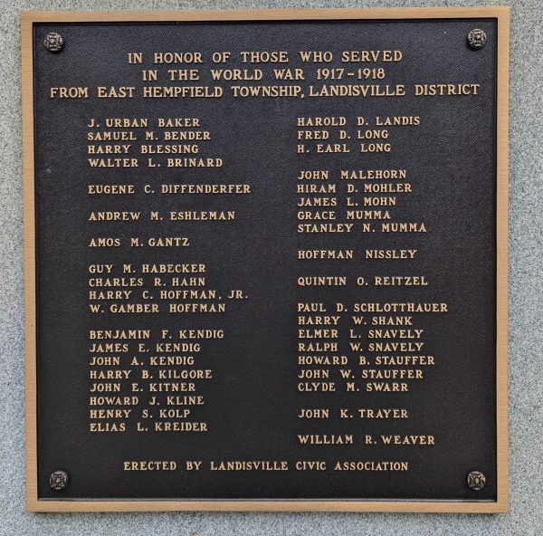 EAST HEMPFIELD TOWNSHIP, LANDISVILLE DISTRICT WORLD WAR MEMORIAL PLAQUE