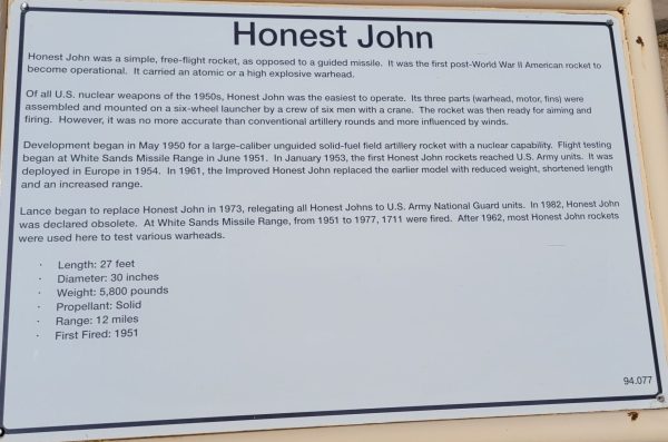 HONEST JOHN MEMORIAL MISSILE PLAQUE