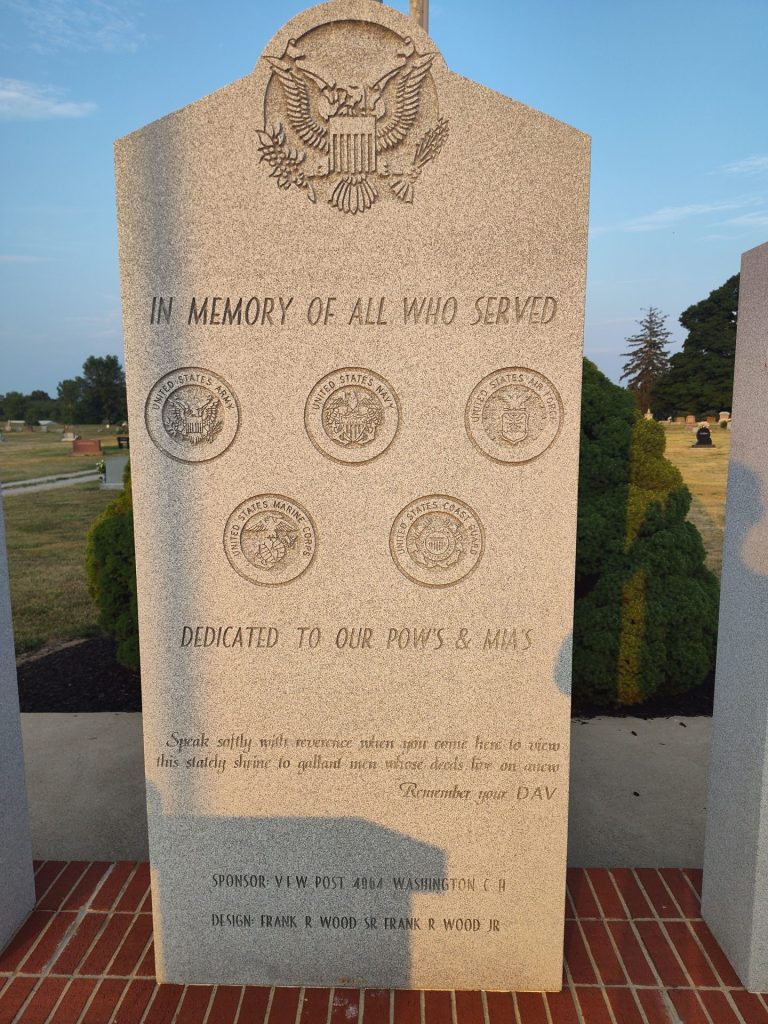 IN MEMORY OF ALL WHO SERVED DEDICATED TO POW’S & MIA’S WAR MEMORIAL STONE A