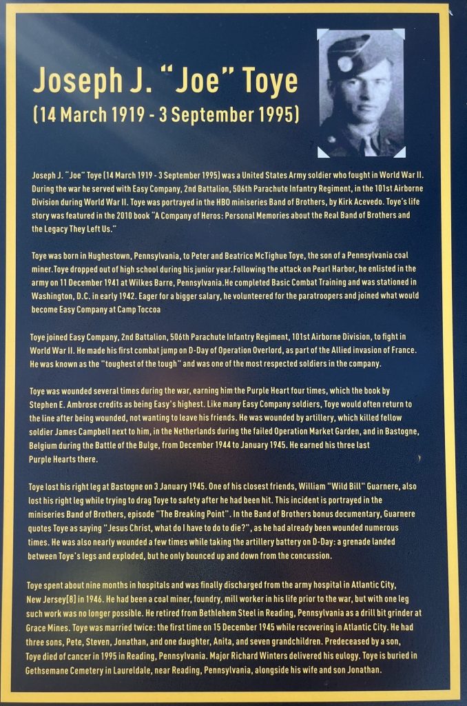 JOSEPH J. “JOE” TOYE WAR MEMORIAL PLAQUE