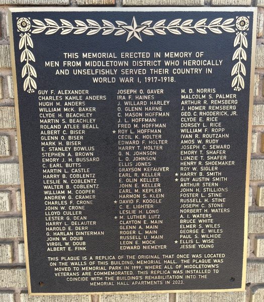 MIDDLETOWN DISTRICT WORLD WAR I MEMORIAL PLAQUE