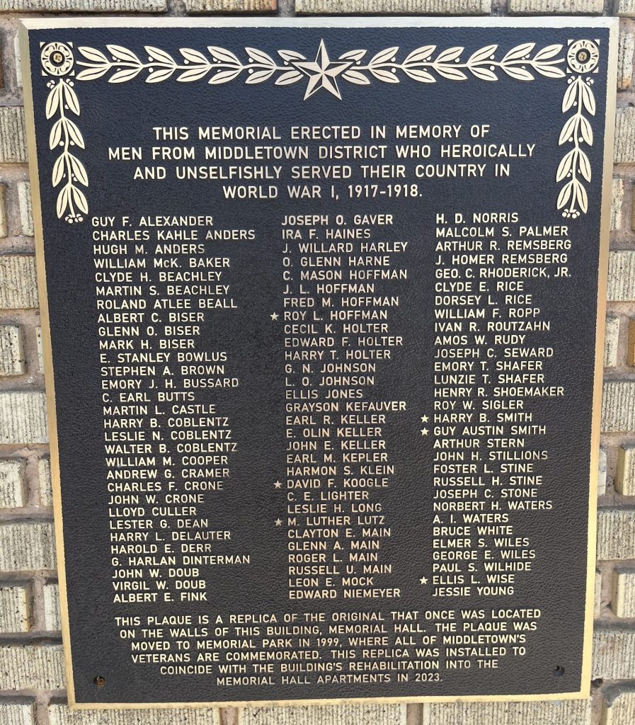 MIDDLETOWN DISTRICT WORLD WAR I MEMORIAL PLAQUE