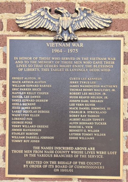 NASH COUNTY VIETNAM WAR MEMORIAL PLAQUE