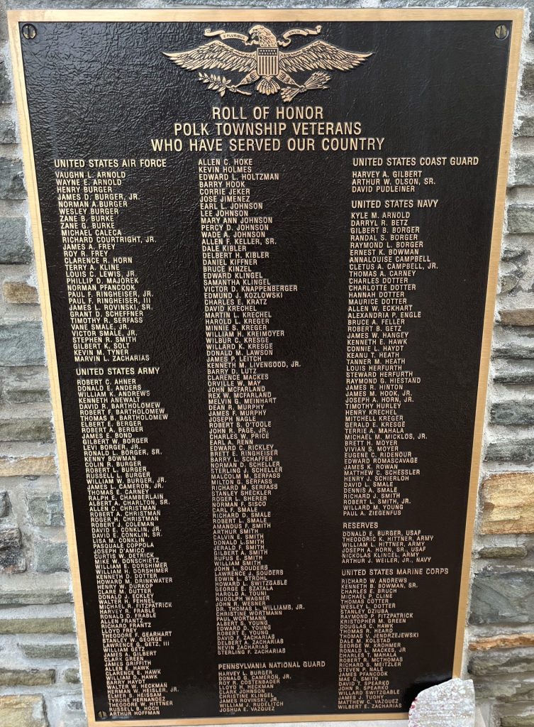 POLK TOWNSHIP VETERANS ROLL OF HONOR MEMORIAL PLAQUE