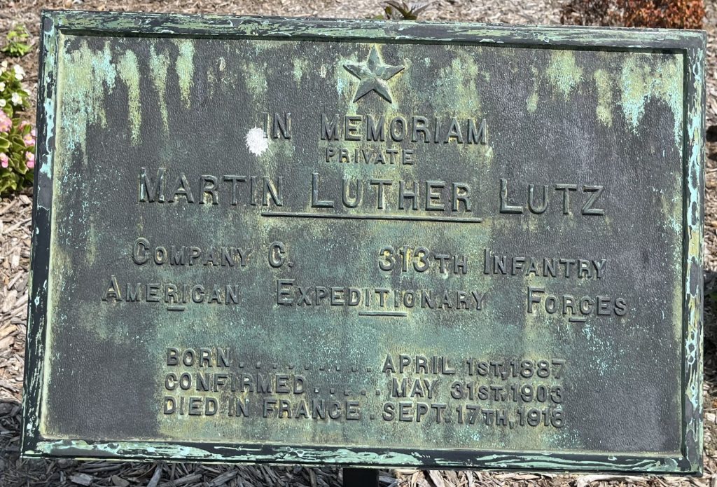 PRIVATE MARTIN LUTHER LUTZ WAR MEMORIAL GARDEN PLAQUE