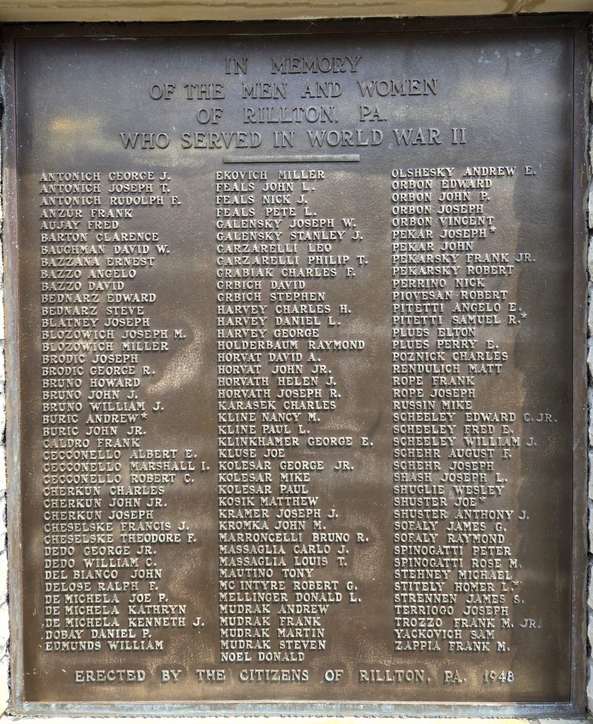 RILLTON, PA. WORLD WAR II HONOR ROLL MEMORIAL PLAQUE