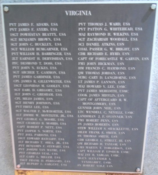 VIRGINIA MEDAL OF HONOR WAR MEMORIAL PLAQUE