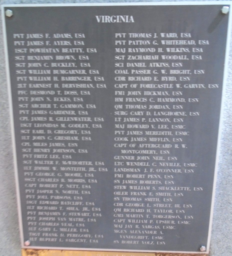 VIRGINIA MEDAL OF HONOR WAR MEMORIAL PLAQUE
