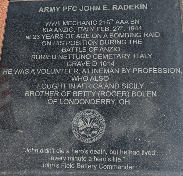 ARMY PFC JOHN E. RADEKIN WAR MEMORIAL STONE