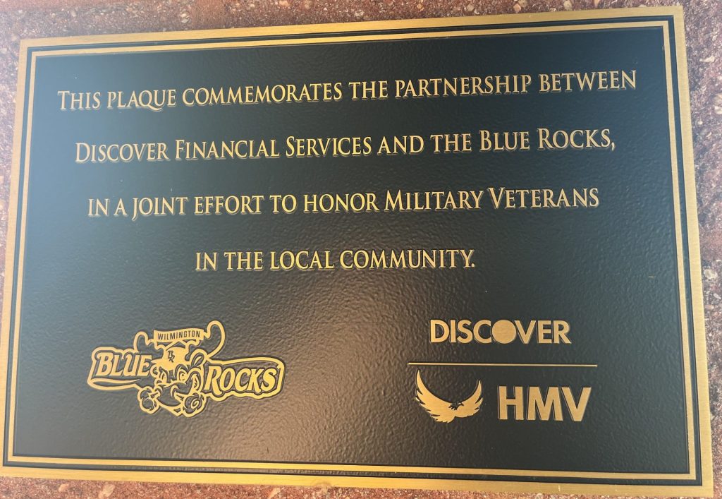 DISCOVER FINANCIAL SERIVCES AND BLUE ROCKS VETERANS MEMORIAL PLAQUE