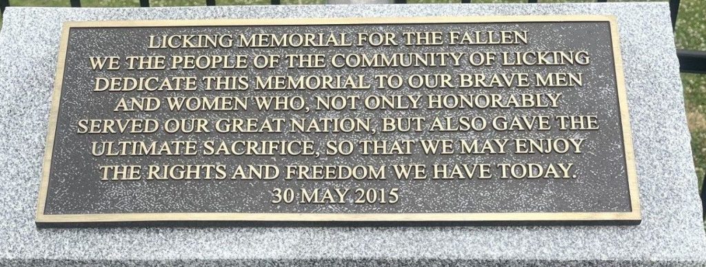 LICKING MEMORIAL FOR THE FALLEN PLAQUE