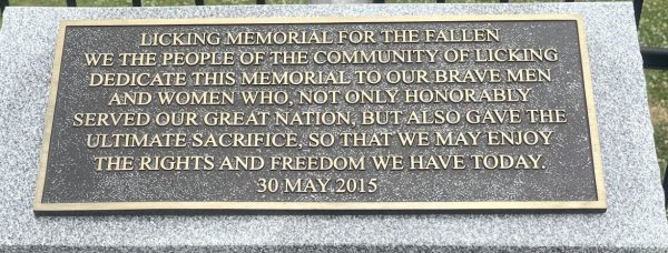 LICKING MEMORIAL FOR THE FALLEN PLAQUE