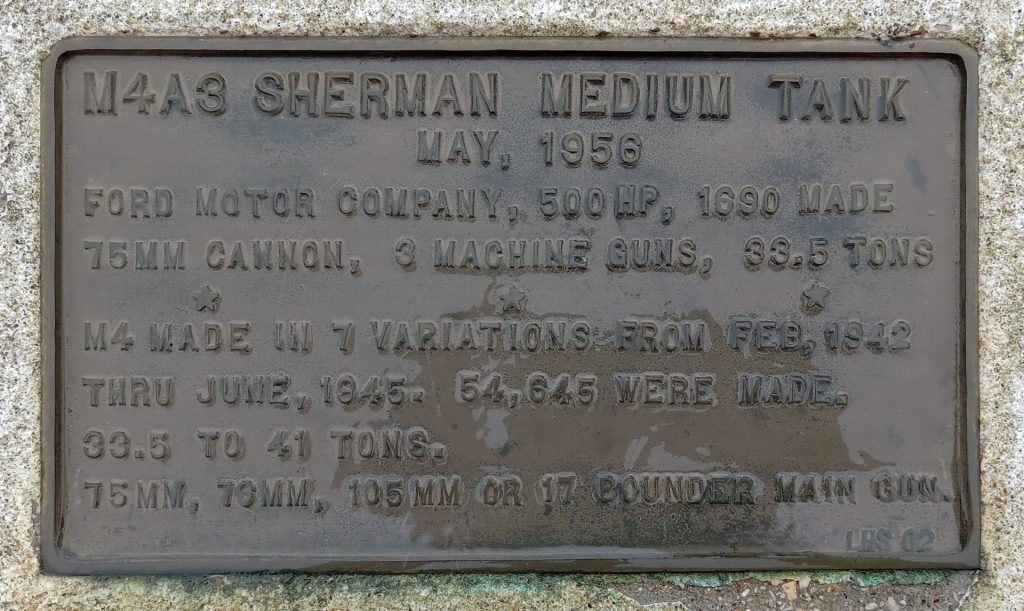 M4A3 SHERMAN MEDIUM TANK MEMORIAL PLAQUE