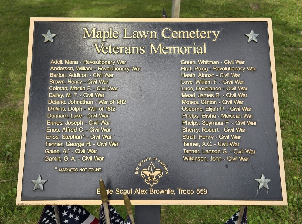 MAPLE LAWN CEMETERY VETERANS MEMORIAL PLAQUE