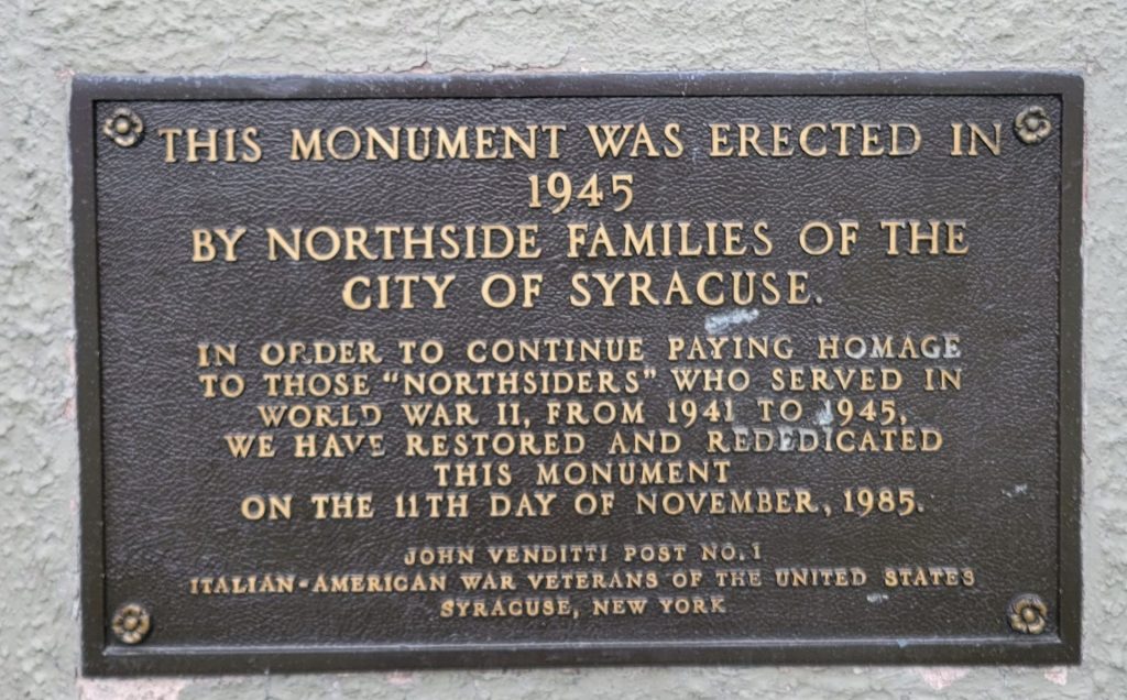 NORTHSIDE FAMILIES OF THE CITY OF SYRACUSE WORLD WAR II MEMORIAL PLAQUE