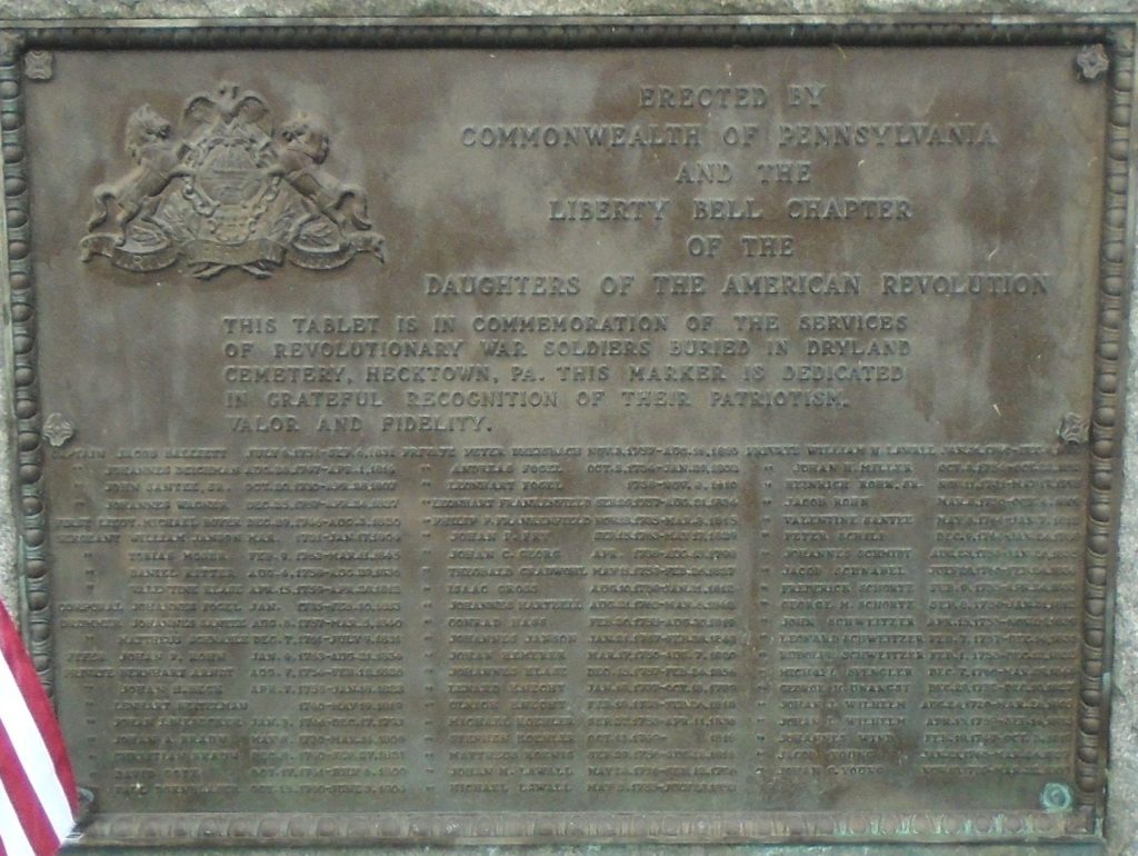 REVOLUTIONARY WAR SOLDIERS BURIED IN DRYLAND CEMETERY MEMORIAL PLAQUE