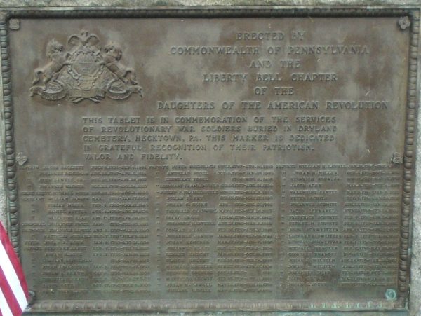 REVOLUTIONARY WAR SOLDIERS BURIED IN DRYLAND CEMETERY MEMORIAL PLAQUE