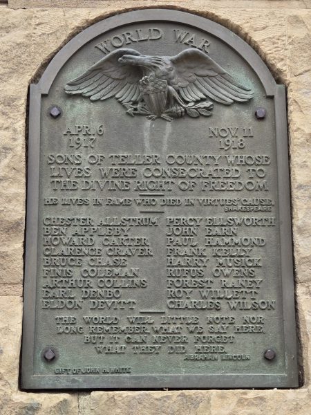 SONS OF TELLER COUNTY WORLD WAR MEMORIAL PLAQUE