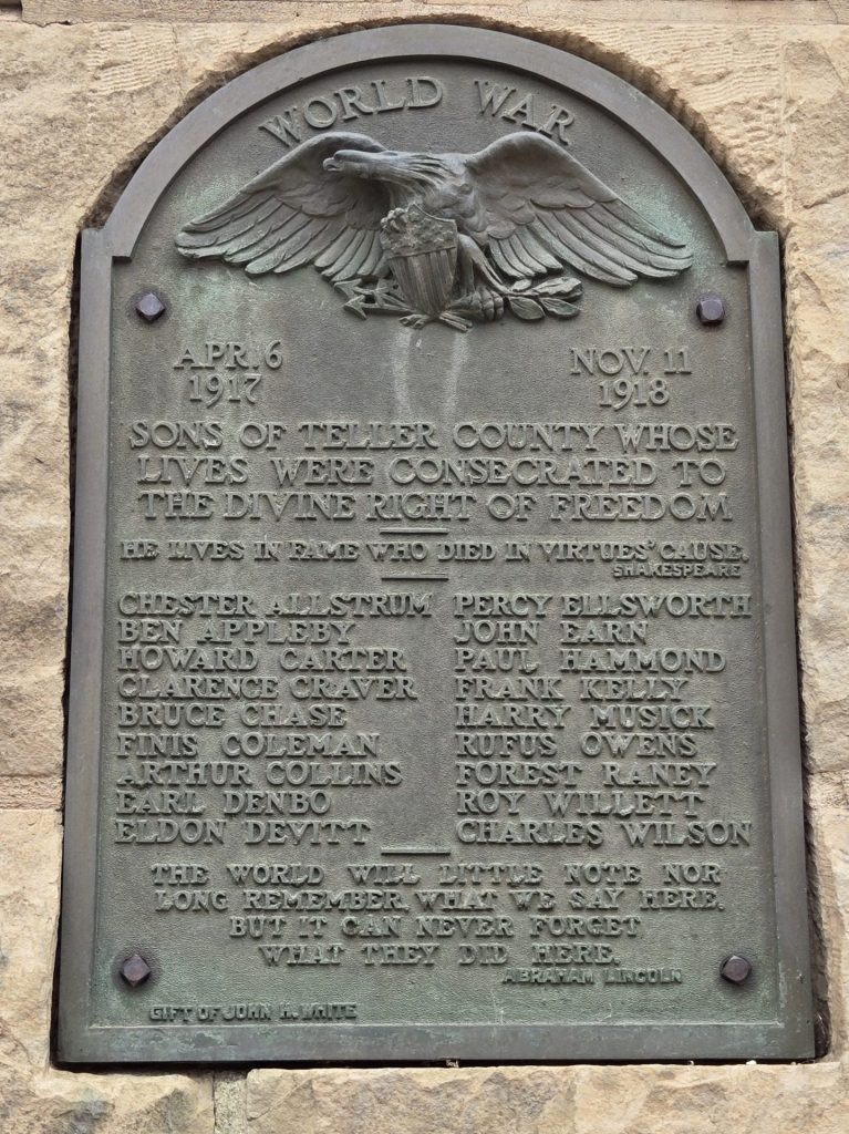 SONS OF TELLER COUNTY WORLD WAR MEMORIAL PLAQUE