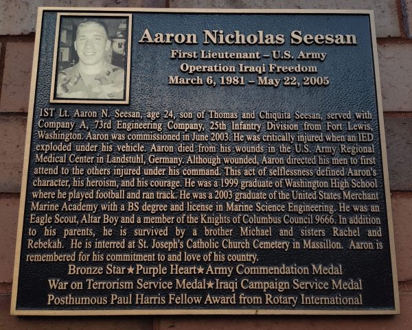 AARON NICHOLAS SEESAN WAR MEMORIAL PLAQUE