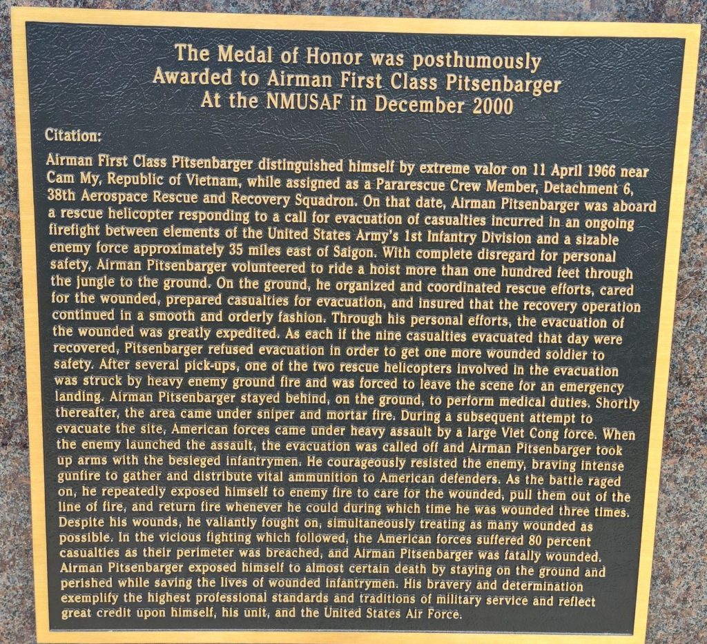 AIRMAN FIRST CLASS PITSENBARGER MEDAL OF HONOR WAR MEMORIAL PLAQUE