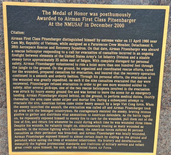AIRMAN FIRST CLASS PITSENBARGER MEDAL OF HONOR WAR MEMORIAL PLAQUE
