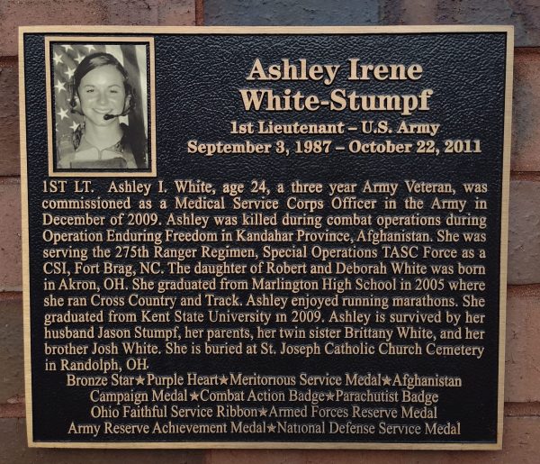 ASHLEY IRENE WHITE-STUMPF WAR MEMORIAL PLAQUE