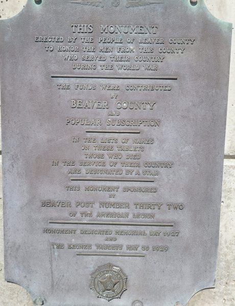 BEAVER COUNTY WORLD WAR MEMORIAL PLAQUE