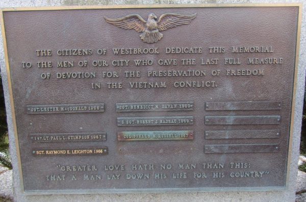 CITIZENS OF WESTBROOK VIETNAM CONFLICT MEMORIAL PLAQUE