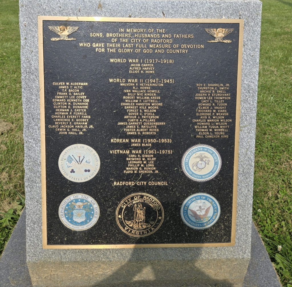 CITY OF RADFORD WAR VETERANS MEMORIAL PLAQUE
