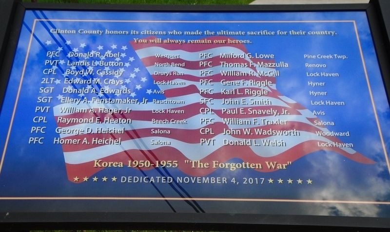 CLINTON COUNTY KOREAN WAR HONORED DEAD MEMORIAL PLAQUE