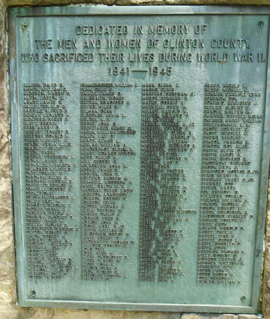 CLINTON COUNTY WORLD WAR II HONORED DEAD MEMORIAL PLAQUE