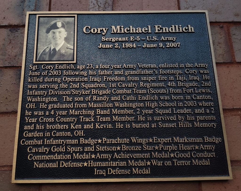 CORY MICHAEL ENDLICH WAR MEMORIAL PLAQUE