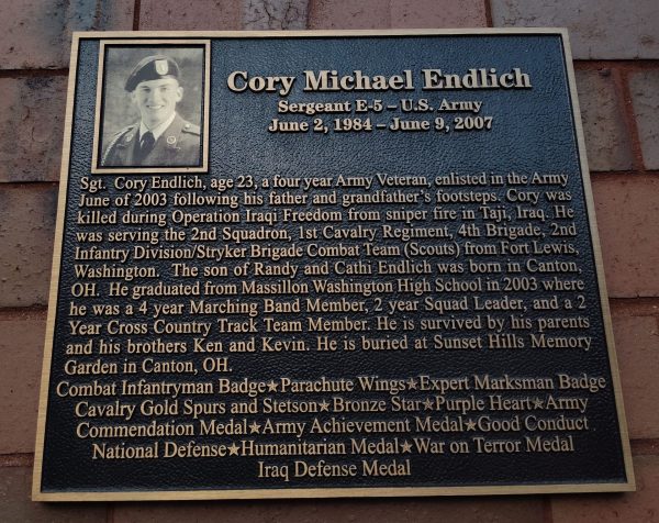CORY MICHAEL ENDLICH WAR MEMORIAL PLAQUE