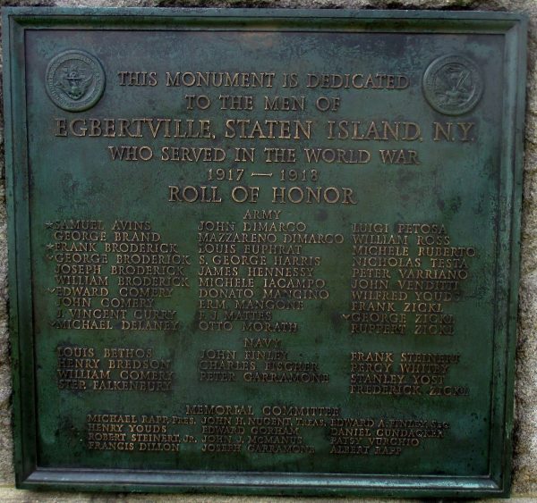 EGBERTVILLE, STATEN ISLAND WORLD WAR ROLL OF HONOR MEMORIAL PLAQUE
