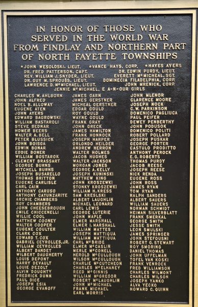 FINDLAY AND NORTHERN PART OF NORTH FAYETTE TOWNSHIPS MEMORIAL PLAQUE