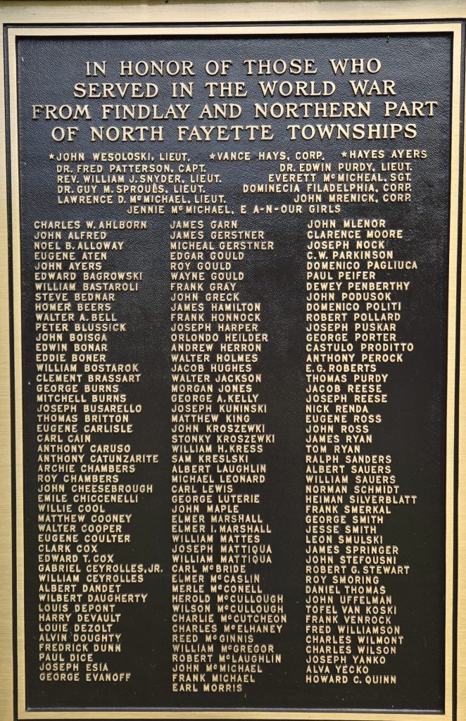 FINDLAY AND NORTHERN PART OF NORTH FAYETTE TOWNSHIPS MEMORIAL PLAQUE