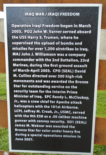 IRAQ WAR/IRAQI FREEDOM WAR MEMORIAL MURAL PLAQUE