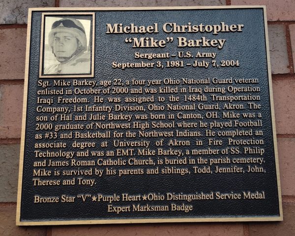 MICHAEL CHRISTOPHER “MIKE” BARKEY WAR MEMORIAL PLAQUE