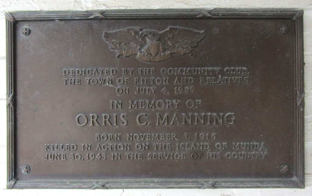 ORRIS C. MANNING WAR MEMORIAL PLAQUE