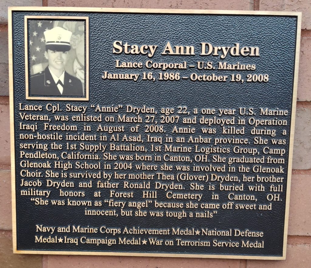 STACY ANN DRYDEN WAR MEMORIAL PLAQUE