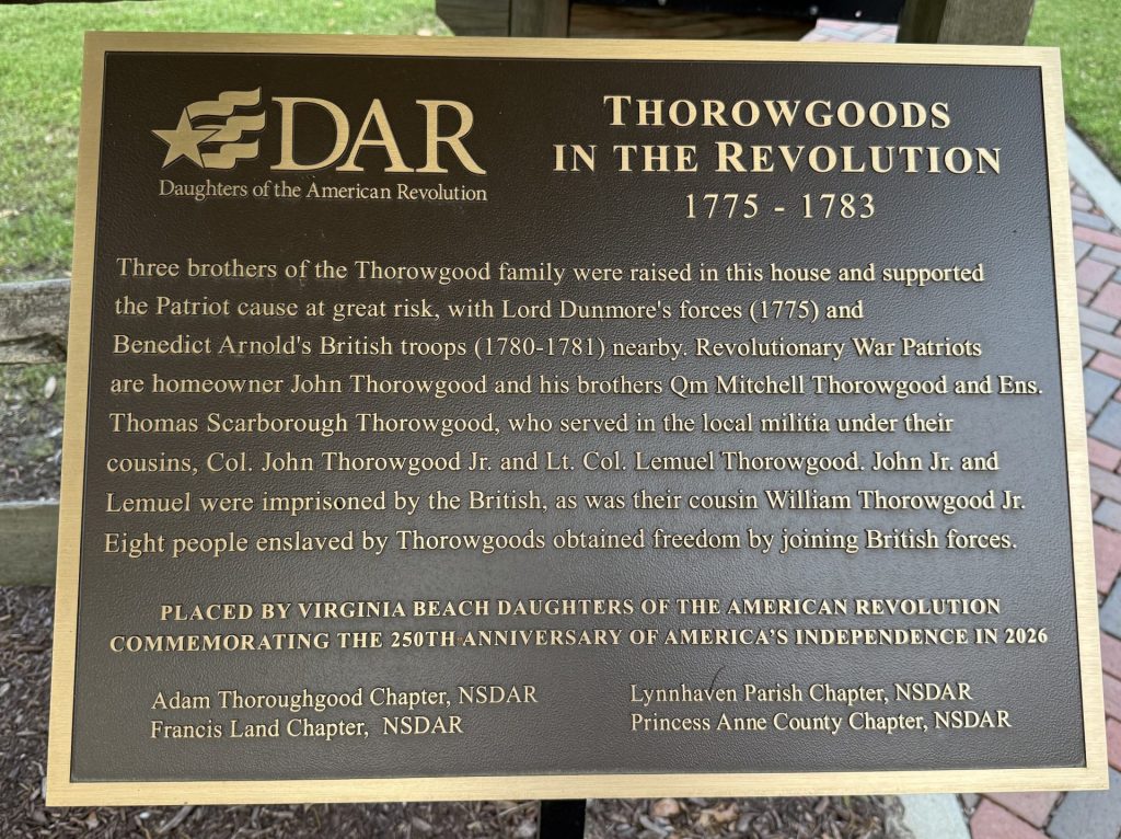 THOROWGOODS IN THE REVOLUTION WAR MEMORIAL PLAQUE