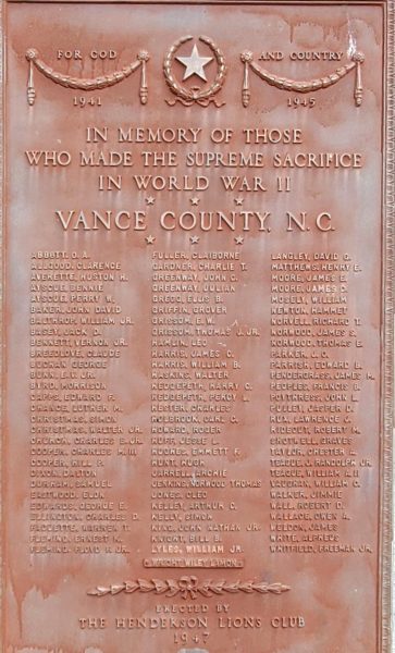 VANCE COUNTY WORLD WAR II MEMORIAL PLAQUE