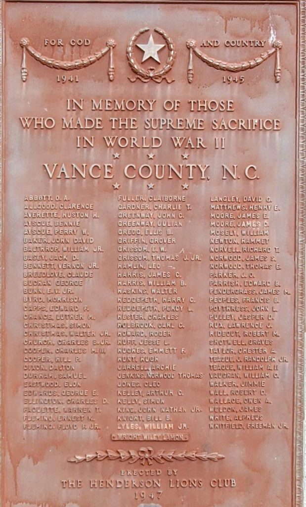 VANCE COUNTY WORLD WAR II MEMORIAL PLAQUE