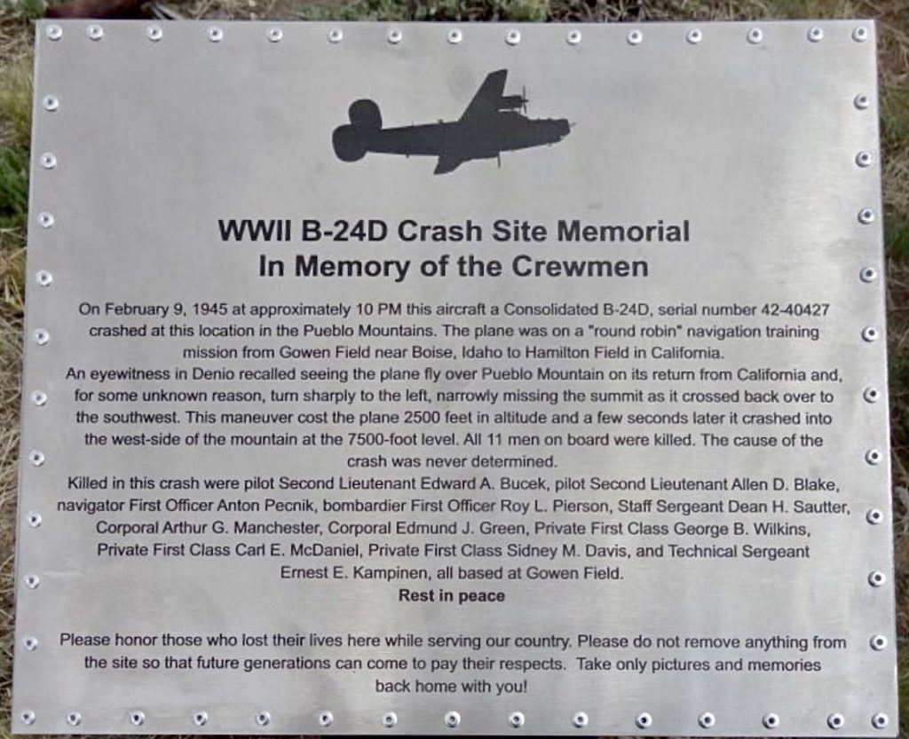 WWII B-24D CRASH SITE MEMORIAL PLAQUE