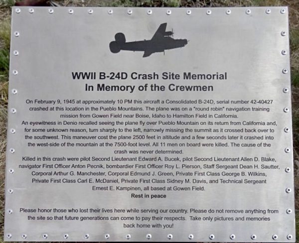 WWII B-24D CRASH SITE MEMORIAL PLAQUE